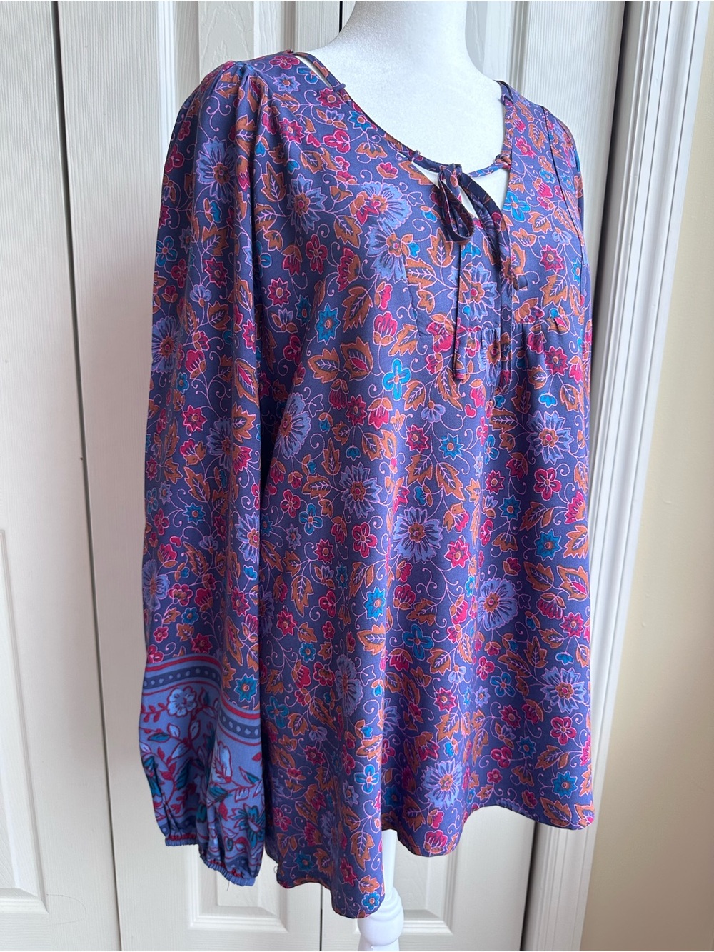 Natural Life Women’s Floral Tie-Neck Blouse in Purple, Red, Blue and Pink